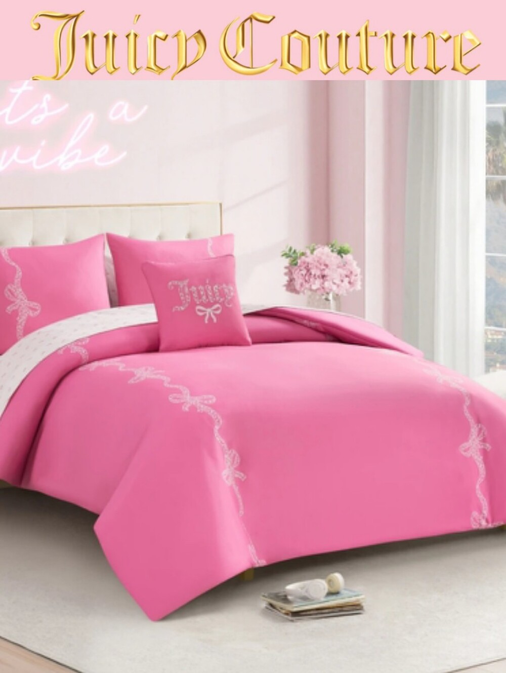Juicy Couture Home Hotel Stripe Leopord Bows Queen Bed In A Bag- Pink
